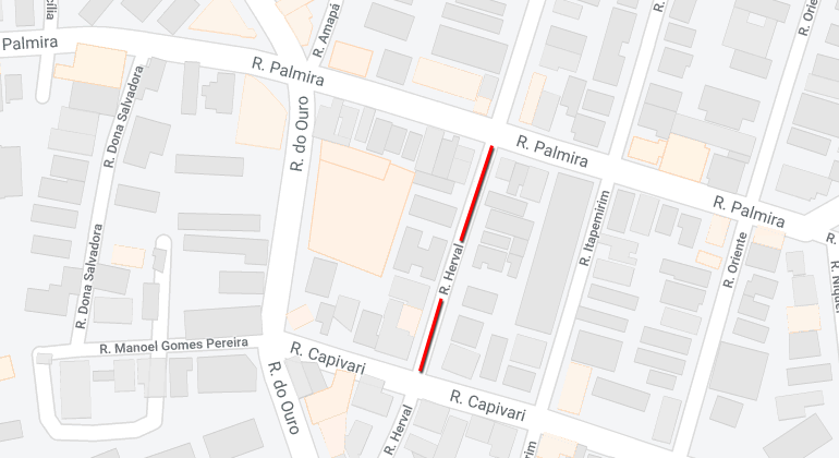 A rua Herval, entre rua Capivari e rua Palmira, no bairro Serra, estará interditada no dia 15/6, sábado, das 5h às 23h59. Arte: PBH Mapa da operação de trânsito no bairro Serra, na rua Herval, no dia 19/6.