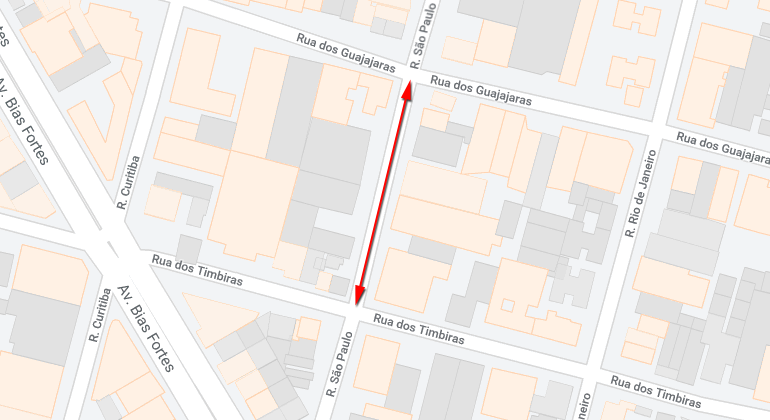 A rua São Paulo, entre ruas dos Timbiras e dos Guajajaras, será interditada no domingo, dia 7/7, das 16h às 23h. Arte: PBH Mapa da alteração de trânsito na rua São Paulo, região central de BH, em função de evento religioso no domingo, dia 7/7.