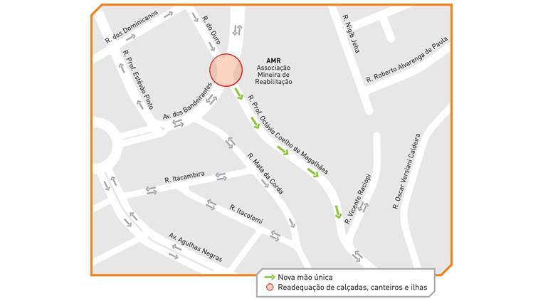 A partir do dia 7/8, a rua professor Octávio Coelho de Magalhães, entre av. dos Bandeirantes e rua Vicente Raciopi, passa a ser mão única. Arte: PBH Mapa da mudança de circulação no bairro Mangabeiras.