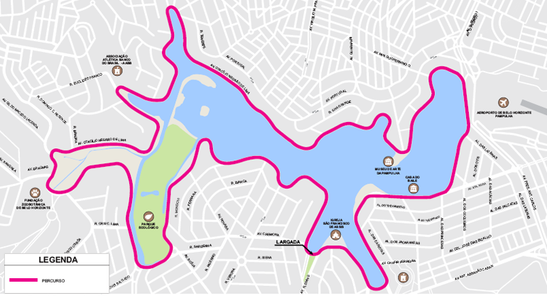 Mapa mostra percurso da corrida em volta da Lagoa da Pampulha