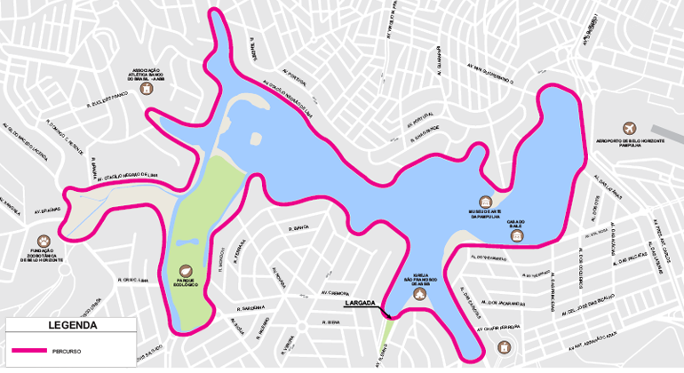BHTrans realiza operação de trânsito para a 3ª Volta Internacional da Pampulha Mapa mostra percurso da corrida em volta da Lagoa da Pampulha