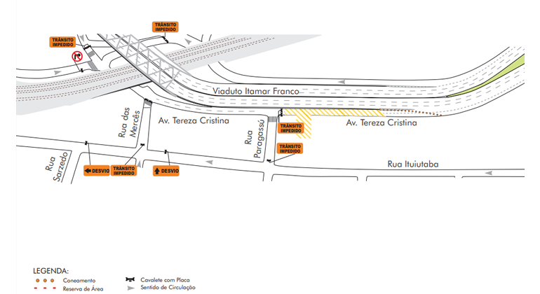 A avenida Tereza Cristina, esquina com rua Paraguassu, será interditada das 13h às 21h do dia 11/1 e das 10h às 19h do dia 12/1. Arte: PBH Mapa da operação de trânsito para evento Mister Rock – Beiço do Wando, no bairro Prado, nos dias 11 e 12/1.