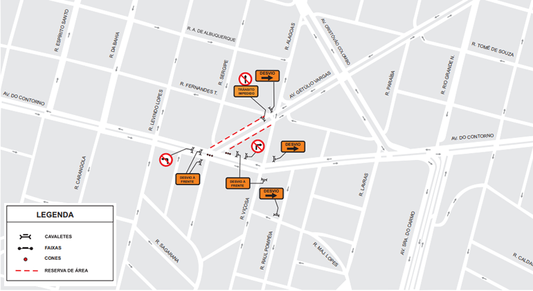 Mapa da operação de trânsito e transportes para evento Folia, na Savassi, no dia 12/1.