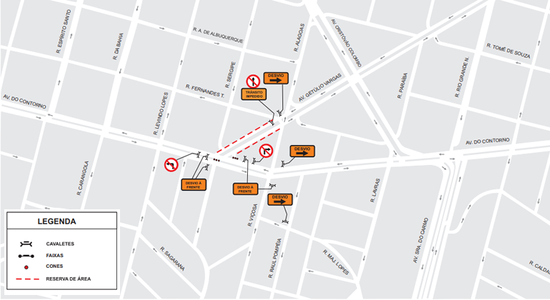 A BHTrans realiza operação de trânsito para evento Folia, na avenida Getúlio Vargas, entre rua Alagoas e avenida do Contorno, no dia 12/1. Arte: PBH Mapa da operação de trânsito e transportes para evento Folia, na Savassi, no dia 12/1.