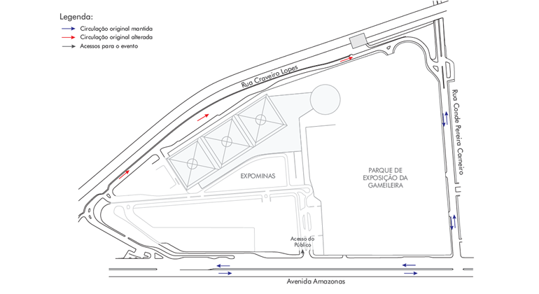 Formatura em Medicina da UFMG, no Expominas, no bairro Gameleira, tem operação de trânsito e transporte de quinta-feira a domingo. Arte: PBH Mapa da operação de trânsito e transporte para realização da formatura em Medicina da UFMG no Expominas entre o dias 16 a 19/1.