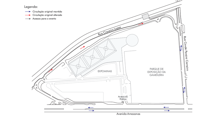 Mapa da operação de trânsito e transporte para realização da formatura em Medicina da UFMG no Expominas entre o dias 16 a 19/1.