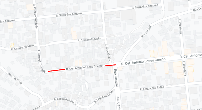 A BHTrans informa que, em função de realização de obra emergencial da Copasa, a rua Cel. Antônio Lopes Coelho será interditada no domingo. Arte: PBH Mapa da interdição da rua Cel. Antônio Lopes Coelho.