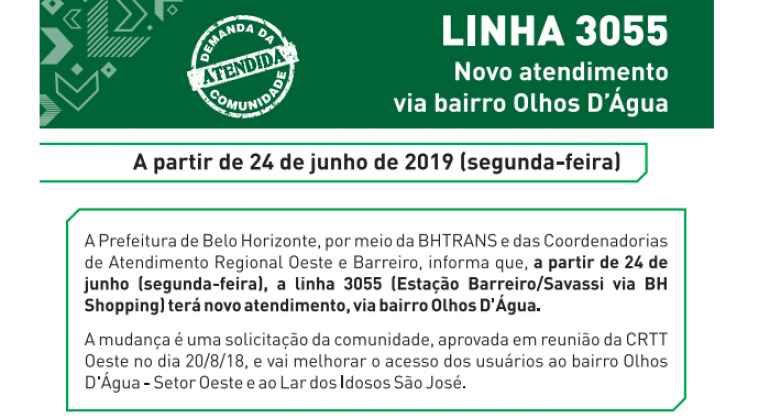 Linha 3055 tem novo itinerário a partir do dia 24/6 Folheto informativo apresenta novidades da linha 3055