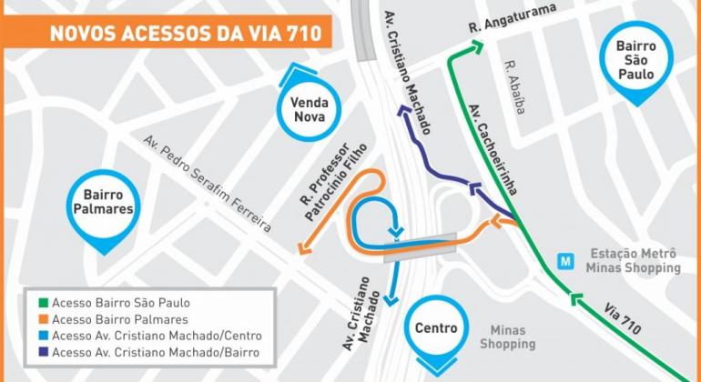 Novos acessos da Via 710 serão liberados neste sábado, dia 8 Arte feita pela PBH