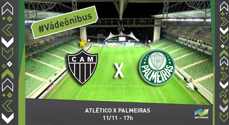 BHTrans realiza operação especial de transporte para o jogo Atlético x Palmeiras no dia 11/11 no Estádio Independência. Arte: PBH Imagem do estádio do Independência com os brasões dos times Atlético e Palmeiras com um "x" no meio; no alto e à direita, os dizeres: "#Váde ônibus; abaixo, ao centro, os dizeres: "Atlético x Grêmio: 3/11 - 17h".