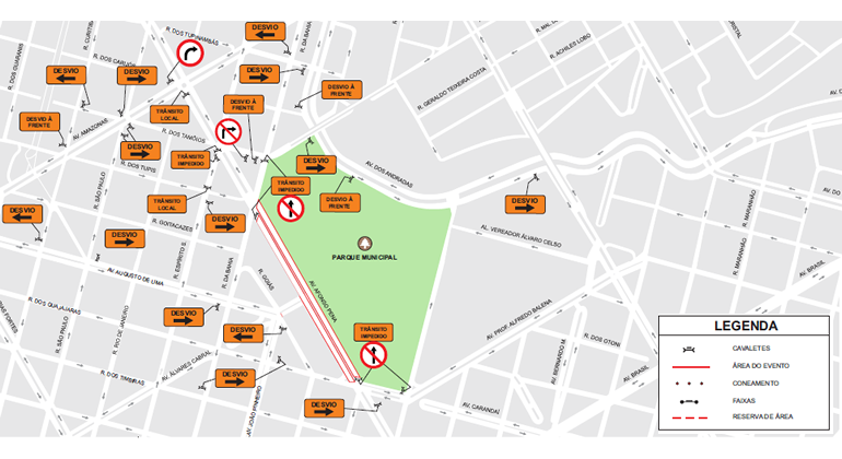 Mapa parcial de Belo Horizonte mostrando a operação de trânsito no Centro 