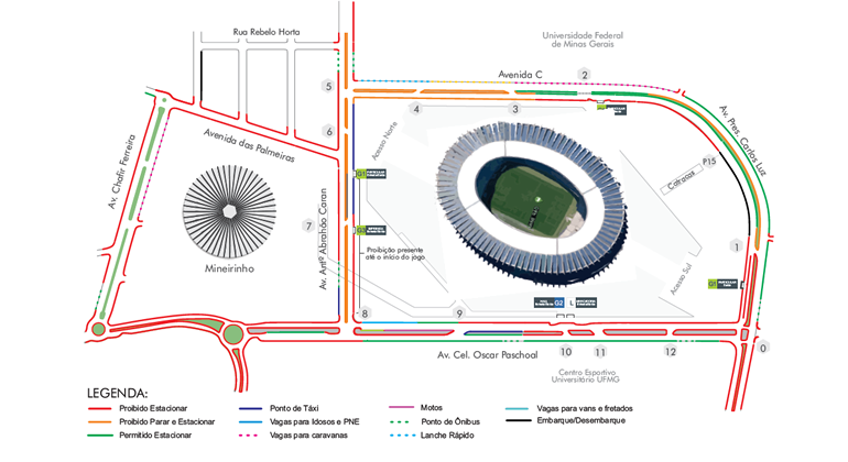 Mapa do entorno do Mineirão com intervenções de trânsito