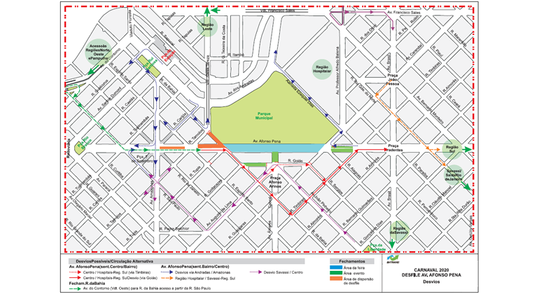 BHTrans faz operação de trânsito para Carnaval 2020 na avenida Afonso Pena Mapa descrevendo o desvio na Av. Afonso Pena
