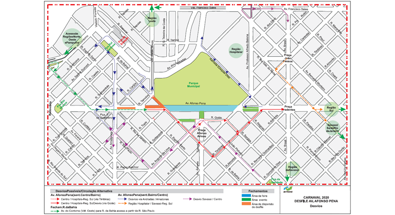 Mapa descrevendo o desvio na Av. Afonso Pena