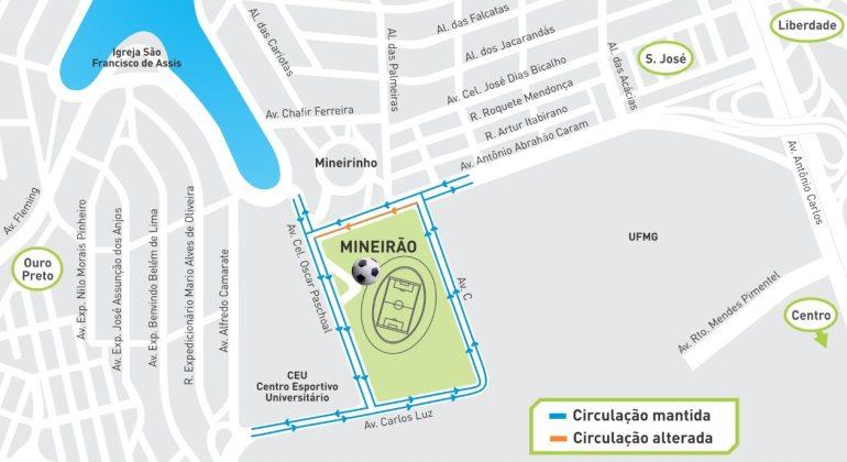 Mapa do entorno do Mineirão com desvios de trânsito