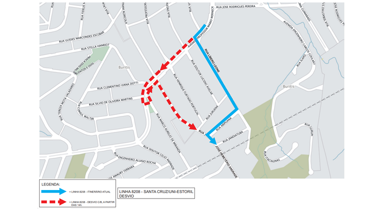 Mapa destacando o desvio no trânsito de Belo Horizonte