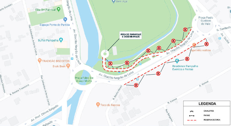 BHTrans realiza operação especial de trânsito em função do evento Bloco Jungle no Balão, no Parque Ecológico, nos dias 9 e 10/3. Arte: PBH Mapa da operação de rânsito em função do evento Bloco Jungle no Balão, no Parque Ecológico.