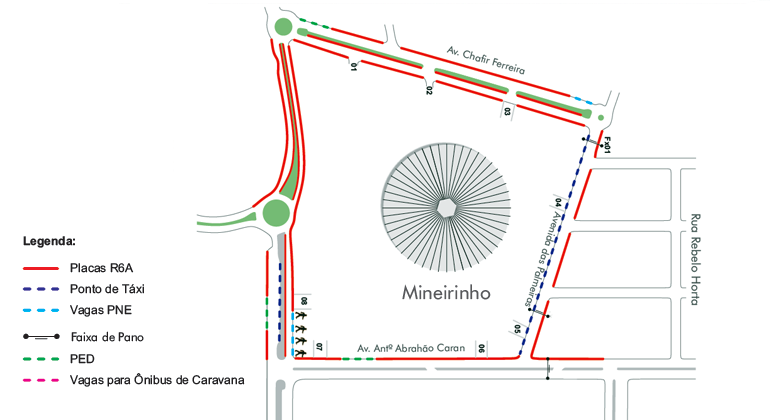 Mapa de operação de trânsito no Mineirinho em funcção das apresentações do Cirque du Soleil.