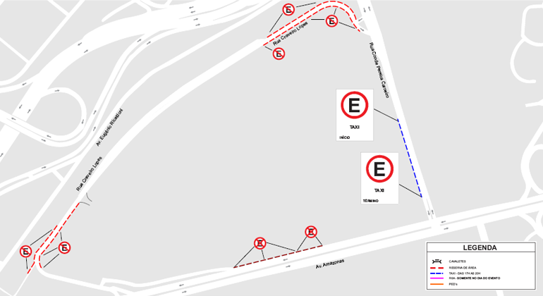 Mapa do entorno do Expominas com as intervenções para evento neste sábado