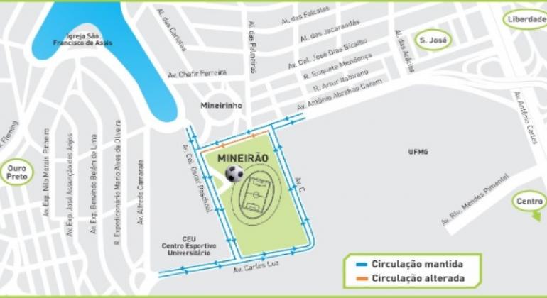 Operação para o jogo Atlético x Brasiliense, quarta-feira, dia 20 Mapa apresenta alterações no trânsito no entorno do Mineirão