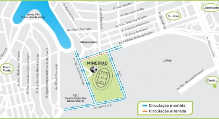 Mapa apresenta alterações no trânsito no entorno do Mineirão 