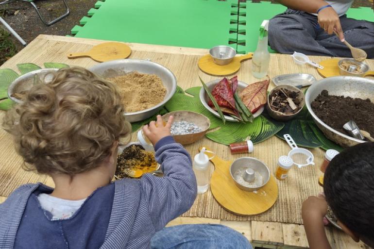 Crianças de costas mexendo com plantas e folhagens em cores diferentes