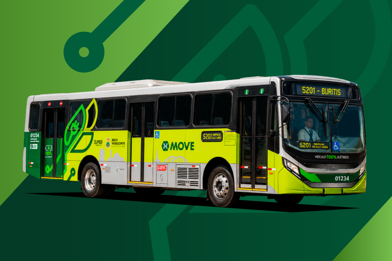 Prefeitura de BH formaliza contratos para aquisição de ônibus elétricos e carregadores das baterias dos veículos Arte em fundo verde de ônibus do Move, com a identificação do transporte coletivo, veículo plotado com as cores verde de várias tonalidades