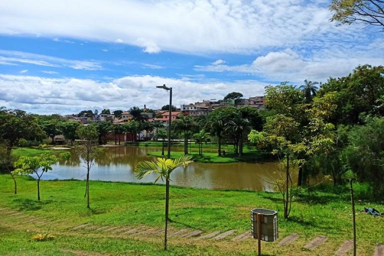 Caminhada ecológica gratuita celebra o Dia das Abelhas e convida a conhecer o Parque Nossa Senhora da Piedade Imagem mostra parte do Parque Nossa Senhora da Piedade com um gramado verde, um lago, algumas árvores de pequeno porte e ao fundo outras maiores. Há também uma lixeira.