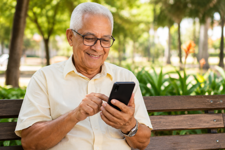 Prova de Vida para aposentados da PBH poderá ser feita pelo aplicativo do banco conveniado Imagem gerada por IA mostra um senhor de cabelos brancos e óculos em um banco de uma praça, acessando o celular.