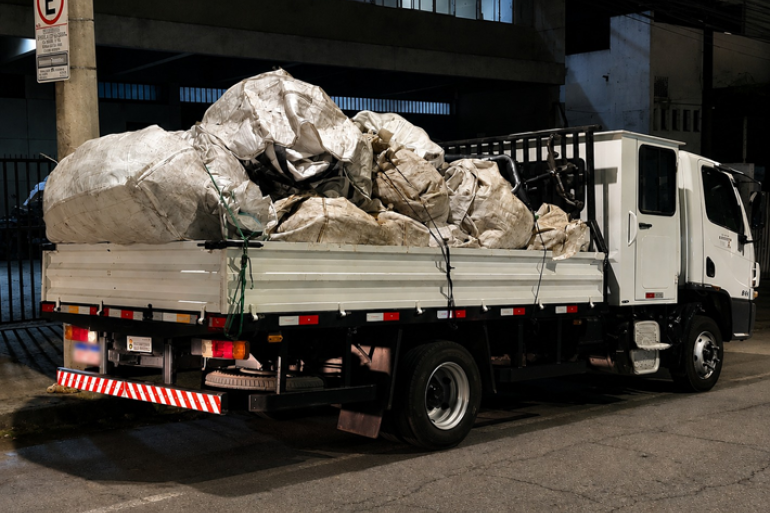 Imagem do caminhão carregado de material irregular recolhido pela Fiscalização e acondicionado em sacos