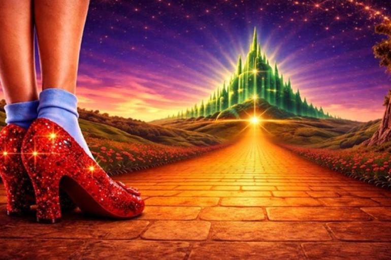 Arte com cores bem fortes, ilustrando a peça Mágico de Oz. No canto, em primeiro plano, aparecem as pernas da personagem Dorothy usando meias azuis e sapatinhos de cristal vermelhos e brilhantes. Ela está no início da estrada de tijolos amarelos que guia até a um castelo verde reluzente ao fundo sob um céu roxo, estrelado..