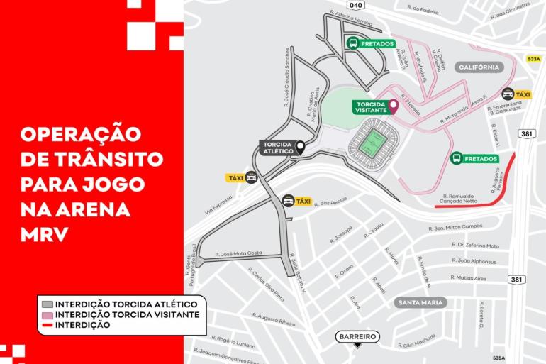 Arte com mapa da operação de trânsito indicando as alterações próximas à Arena MRV para o jogo Atlético x Fluminense