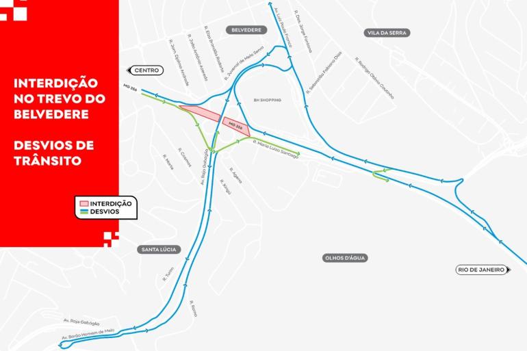 Mapa com intervenções no trânsito no Trevo do Belvedere descritas pelas cores azul, verde e vermelha.