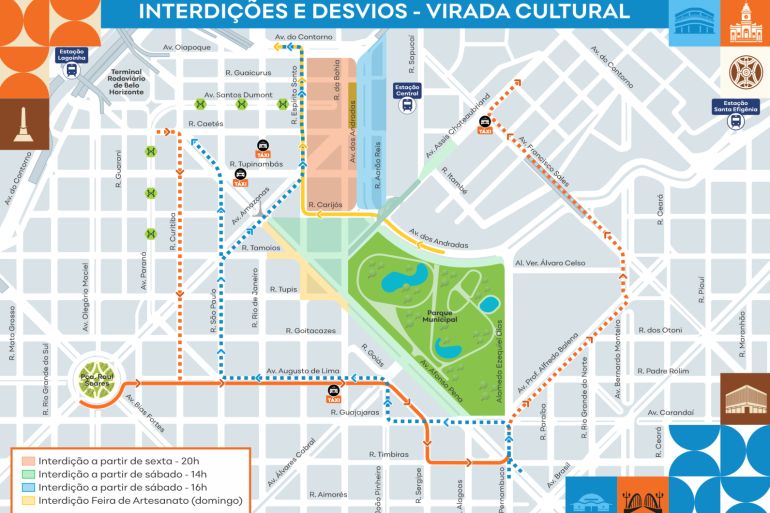 Operação de trânsito para a Virada Cultural terá Catraca Livre a partir das 18h deste sábado (29) Arte com todas as intervenções no trânsito, no Centro de BH, para a Virada Cultural