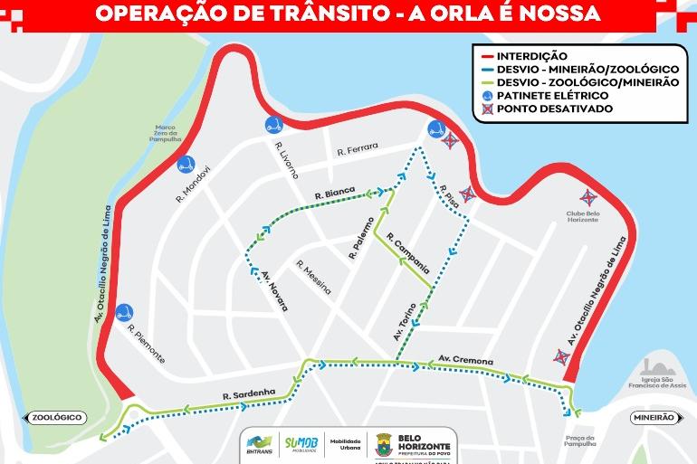 Orla da Lagoa da Pampulha passa a ter espaço reservado para lazer e prática de esportes todos os sábados arte mostra o mapa da região da Pampulha que será fechado aos sábados até as 13 horas. A arte detalha as ruas e a localização ao lado da Lagoa.