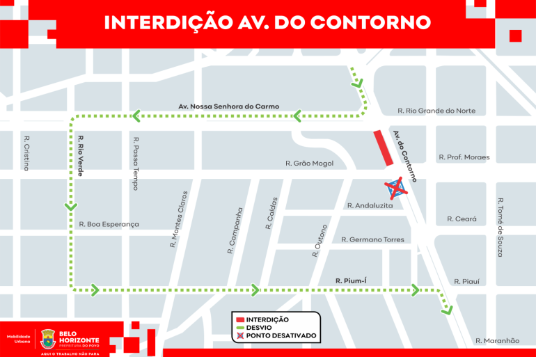 Trecho da Contorno será fechado no feriado de 7 de setembro para içamento de máquinas no Bairro Sion Arte com mapa das alterações de trânsito sinalizadas em verde