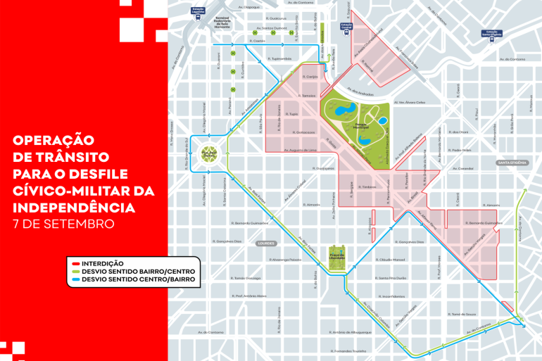 Arte em tom de vermelho, azul, verde e rosa sobre operação de trânsito para o desfile de 7 de Setembro, com imagens aéreas de quarteirões e indicações de onde haverá mudança nas vias.