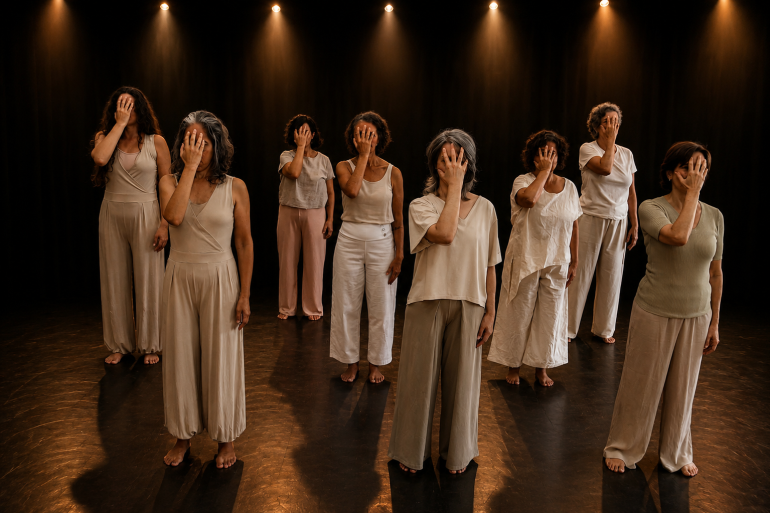 Oito mulheres estão em pé sobre um palco escuro, sob focos de luz amarelada, organizadas em duas fileiras. Todas vestem roupas em tons neutros e claros (bege, off-white e cinza-claro) e cobrem o próprio rosto com uma das mãos, espalmada sobre os olhos. O ambiente transmite uma atmosfera dramática e performática. 
