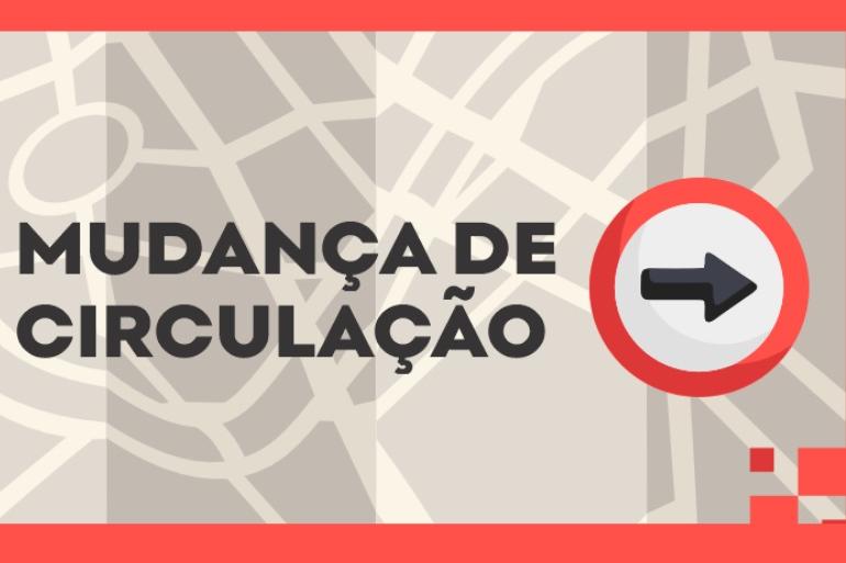 Arte com fundo que sugere um mapa das ruas e sobre esse fundo o título Mudança de Circulação com uma seta apontando para a direita.