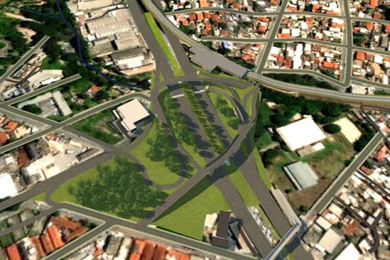 Obra de implantação de viadutos na avenida Sebastião de Brito conclui etapa decisiva Ilustração mostra dois viadutos que se unem em alças arredondas sobre a Avenida Cristiano Machado