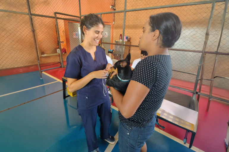 Mulher segura cachorro preto no colo, enquanto veterinária aplica vacina na pata do animal Mulher segura cachorro preto no colo, enquanto veterinária aplica vacina na pata do animal