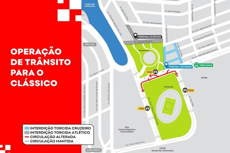 Operação de trânsito para Cruzeiro x Atlético no Mineirão, nesta terça-feira (25) Arte com informações sobre as mudanças no trânsito entorno do Mineirão para o clássico Cruzeiro x Atlético.ra