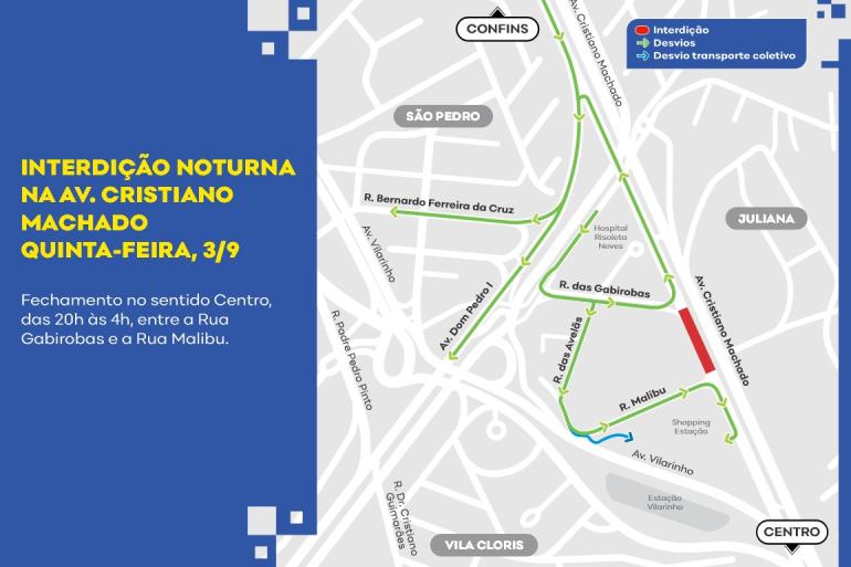 Mapa do cruzamento da Cristiano Machado com a Vilarinho com indicação na cor verde das alternativas de desvio por causa da interdição para obras