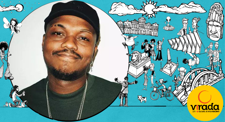 Virada Cultural 2019 terá rapper Djonga como uma das atrações no dia 21/7 Djonga aparece do lado esquerdo e logomarca da Virada à direita
