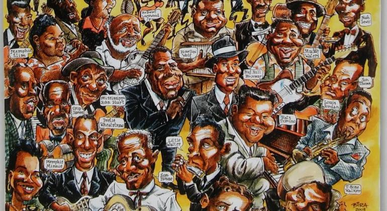 Mais de vinte personalidades internacionais negras, como Charlie Patton e Little Walker, retratadas em um painel de caricaturas, com fundo amarelo. 