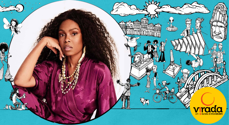 Indicada ao Grammy Latino,cantora Xenia é uma atração da Virada o palco da rua Guaicurus, no dia 21/6. Arte: PBH Cantora Xênia ao lado da logo da Virada Cultural.