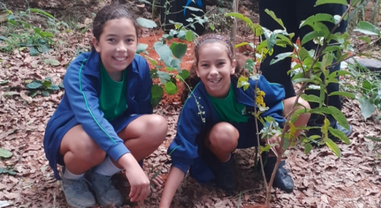 #paratodosverem: na imagem, duas meninas com uniforme escolar estão agachadas na terra, com uma muda recém plantada em sua frente. As alunas sorriem e tocam a terra com uma das mãos. 