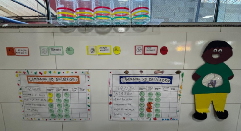 #paratodosverem: Painel em azulejos brancos mostra a “Campanha Xô Desperdício”, com dois quadros contendo tabelas de turmas e dias da semana, preenchidas com carinhas coloridas que indicam níveis de desperdício. Acima, há potes de vidro com faixas coloridas e legendas explicativas. Do lado direito, um boneco de papel colorido enfeita a parede.