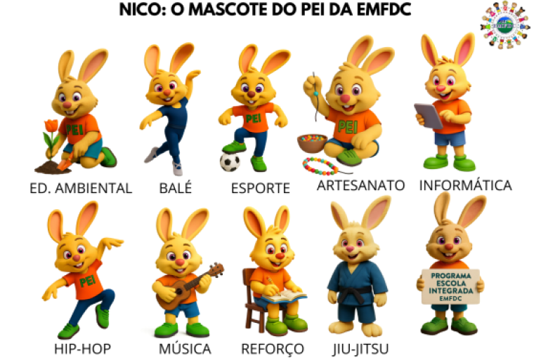 #paratodosverem: A imagem apresenta Nico, um coelho amarelo e sorridente, mascote do PEI, em diferentes poses que representam atividades como esporte, dança, música, artesanato, informática e estudo. Ele usa roupas coloridas e aparece de forma lúdica e educativa.