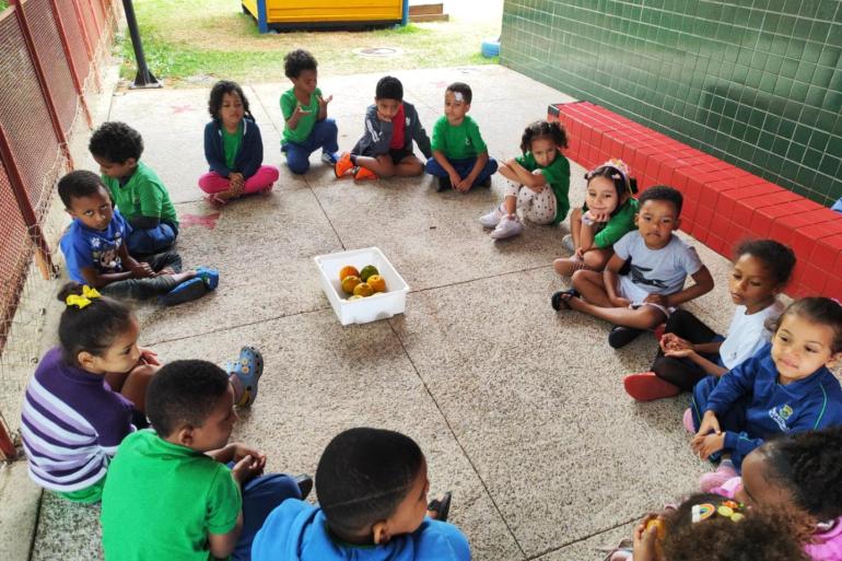 #paratodosverem: Grupo de 16 crianças sentadas em círculo em área externa da escola. No centro, há uma bandeja branca com frutas. Ao fundo, aparecem paredes verdes, um banco vermelho e uma casinha amarela no pátio. 